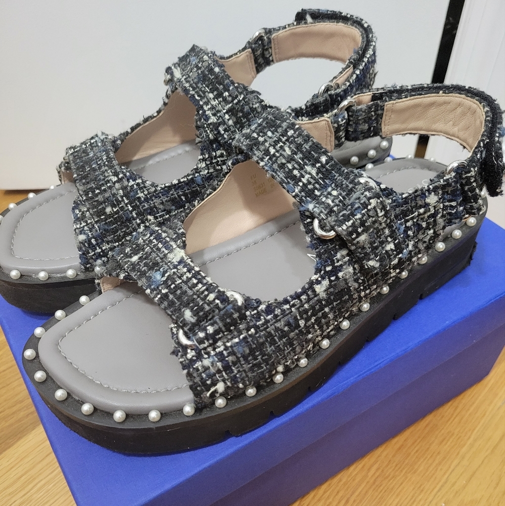 Stuart Weitzman Black and Gray Tweed Sandals